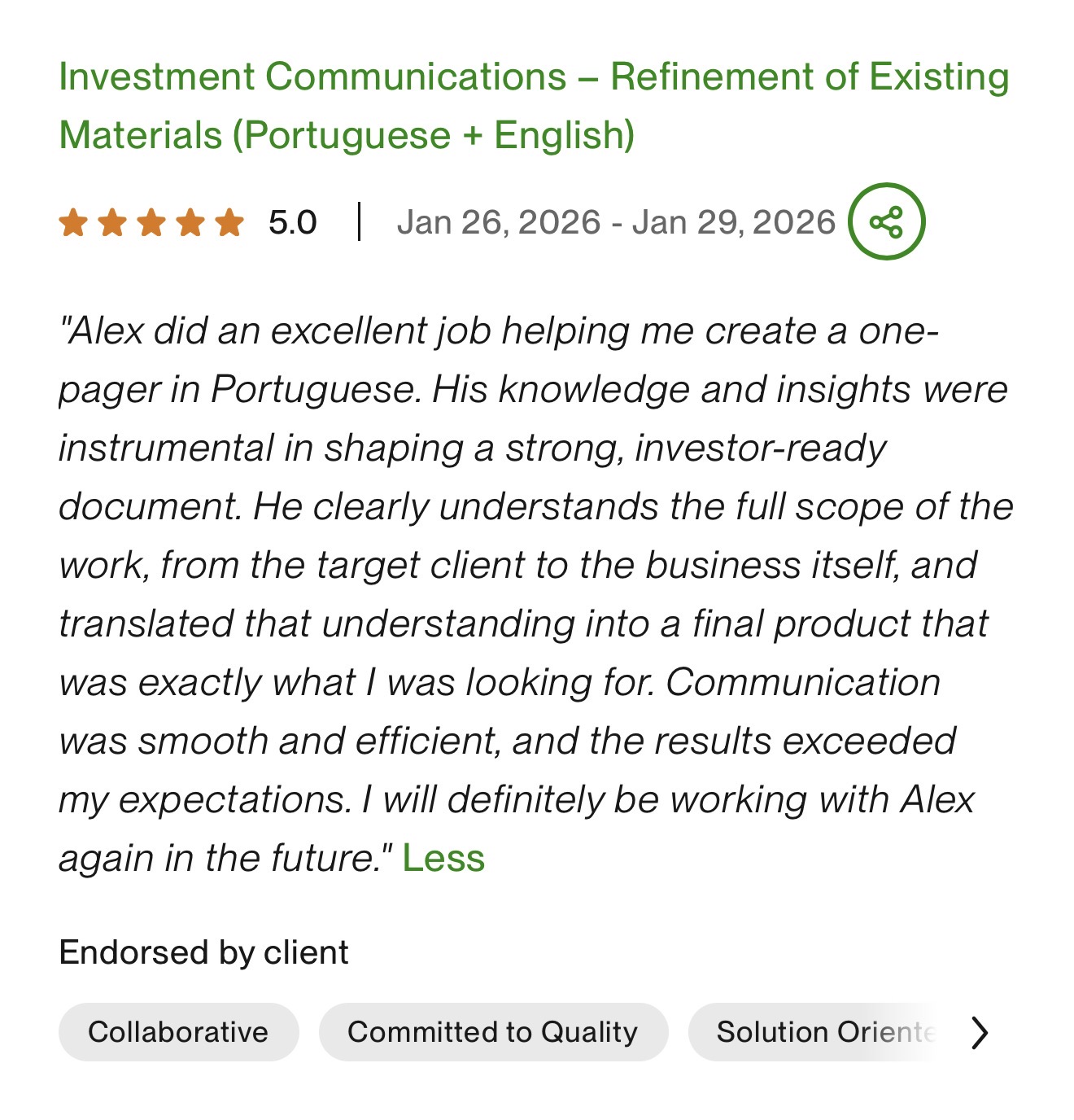 Original five-star Upwork review praising Alex's business understanding, investor-ready document and communication.