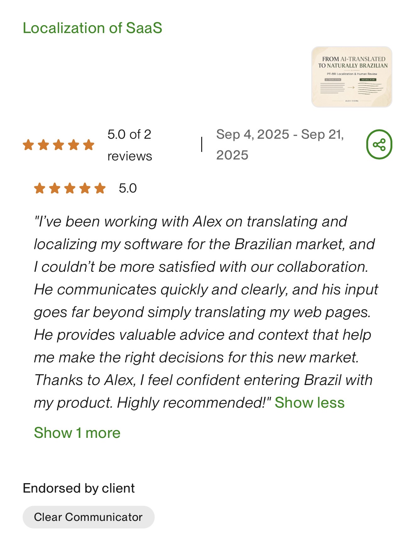 Original five-star Upwork review for Localization of SaaS, praising clear communication, market advice and confidence entering Brazil.